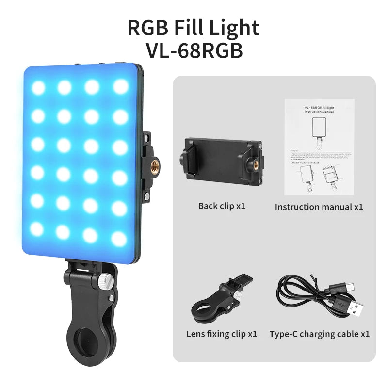 Luz de preenchimento LED RGB portátil para câmera de celular e vlogs