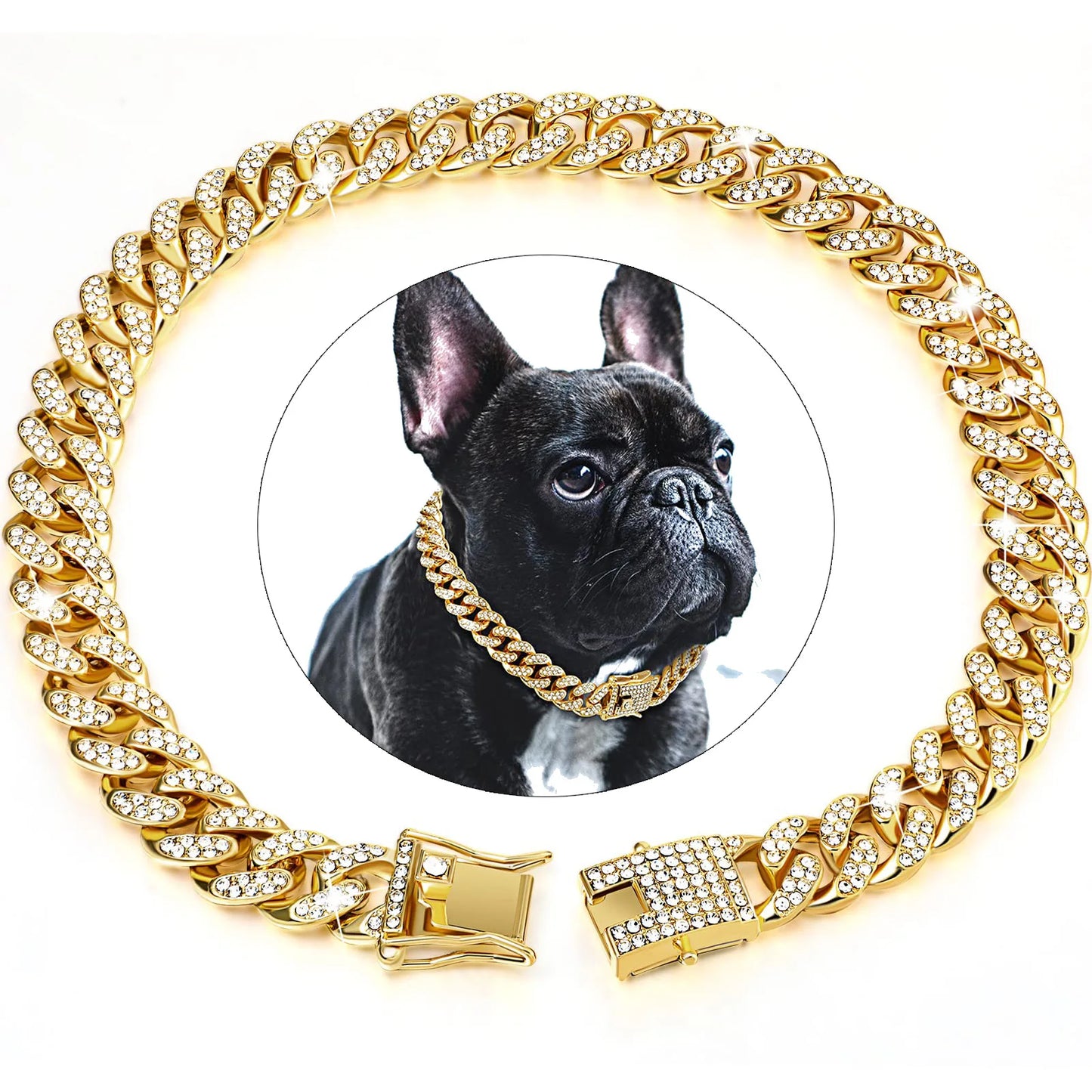 Coleira de luxo para cães com corrente cubana – Metal banhado a ouro
