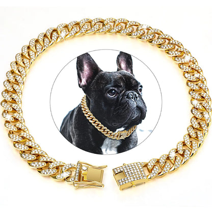 Coleira de luxo para cães com corrente cubana – Metal banhado a ouro