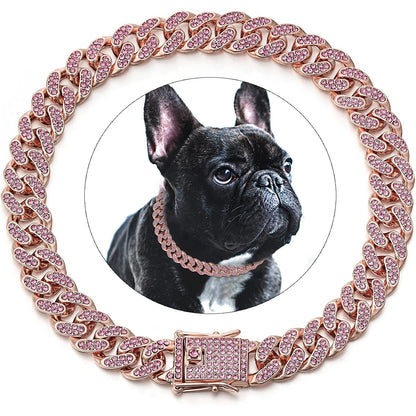 Coleira de luxo para cães com corrente cubana – Metal banhado a ouro