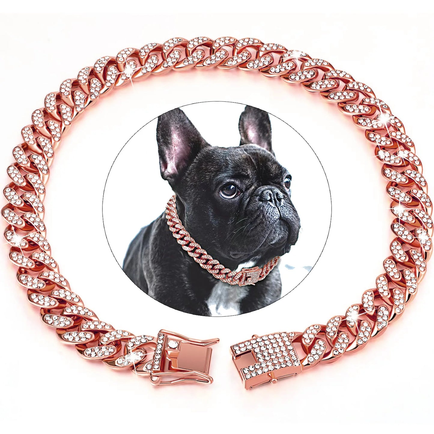 Coleira de luxo para cães com corrente cubana – Metal banhado a ouro