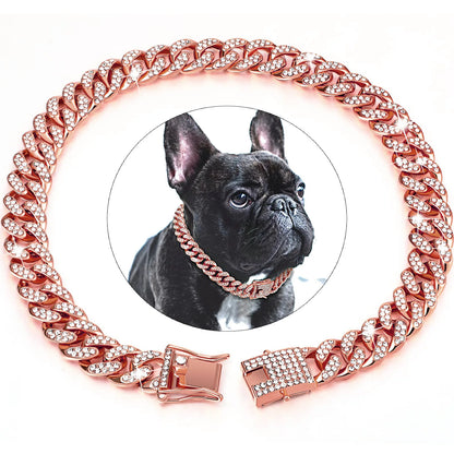Coleira de luxo para cães com corrente cubana – Metal banhado a ouro