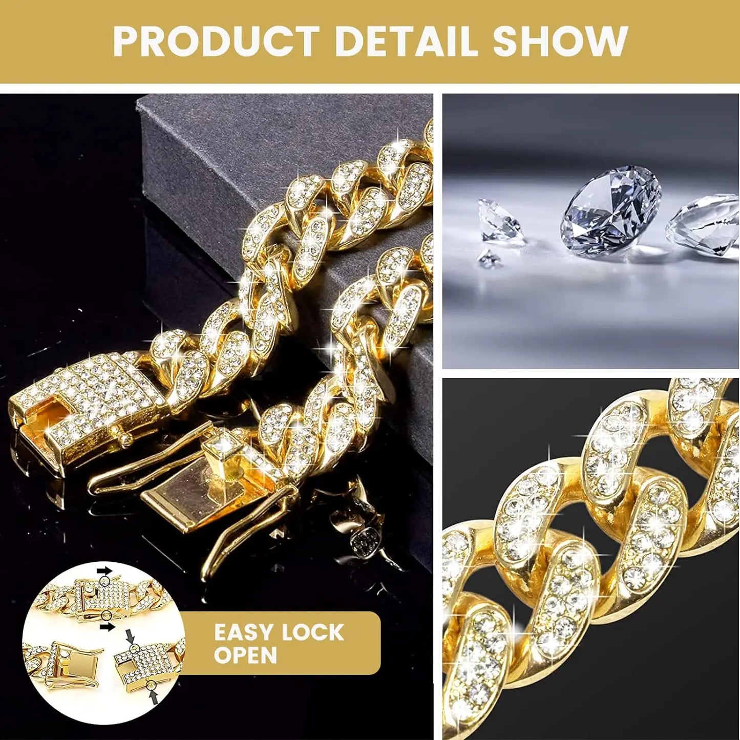 Coleira de luxo para cães com corrente cubana – Metal banhado a ouro