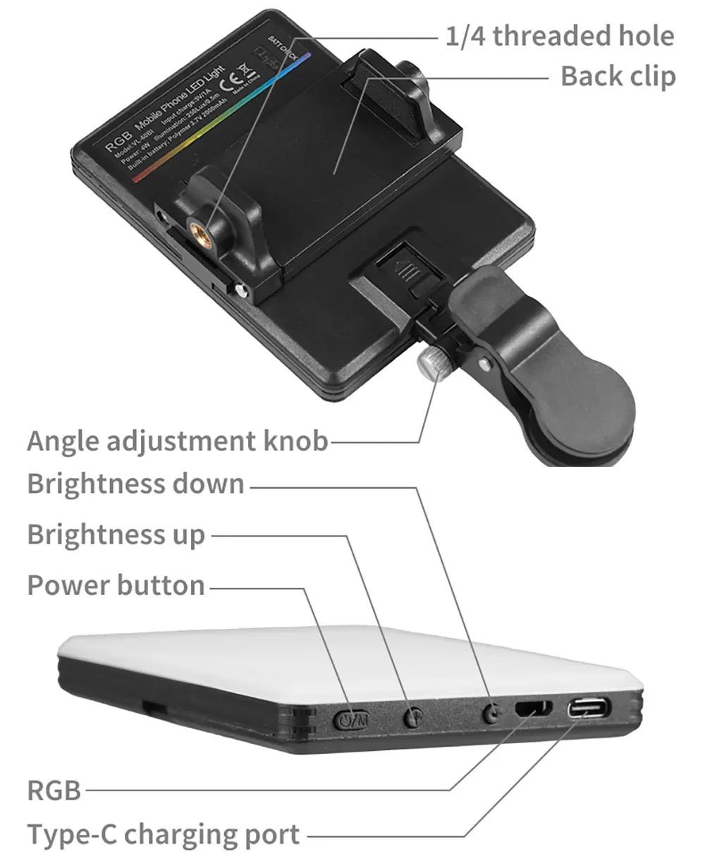 Luz de preenchimento LED RGB portátil para câmera de celular e vlogs